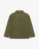 Back view of olive green, buttoned ripstop overshirt with view of reinforced elbow area and boxy silhouette.