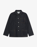 Front flat shot of the dark indigo, raw orta denim buttoned overshirt. Clear view of nickel-free buttons, 3 pockets and reinforced elbows.