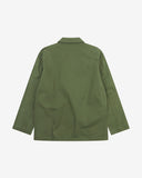 Reverse of coriander-green buttoned organic cotton-twill blazer from Uskees showing reinforced elbows and boxy silhouette.