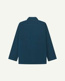 Flat back view of men's corduroy petrol blue blazer from Uskees with view of reinforced elbows.