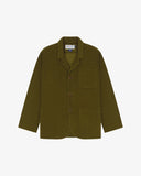 Flat front view of men's corduroy woodland green blazer with 3 patch pockets from Uskees. Clearly showing corozo buttons and 3 pockets on the front.