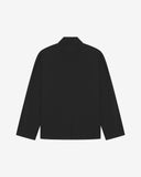 Flat back view of knitted organic cotton charcoal-grey blazer from Uskees with view of vent and reinforced elbows.