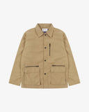 Front view of Uskees khaki ripstop utility jacket showing the chest zip pocket and two gusseted hip pockets with flaps.