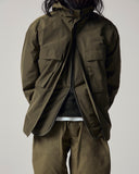 Model wearing Uskees army green Evo shell coat with focus on torso wearing various Uskees garments in layers.