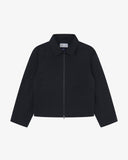 Front flat shot of an Uskees zip up bomber jacket for men in dark blue.