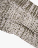 Closer view of the foot and heel portion of the Uskees 4006 willow green organic cotton fuzz sock, showing bands of green and white.