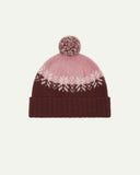 Front view of Uskees 4012 'dusty pink' lambswool snowflake hat, with a clear view of the pink, burgundy and white colourway, snowflake motif and bobble.