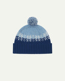 Front view of Uskees 4012 'ultra blue' lambswool snowflake hat, with a clear view of the ultra blue, powder blue and white colourway, snowflake motif and bobble.