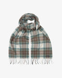 Uskees lambswool scarf tied and showing the green, brown and gold check pattern and tassels against a cream ground.