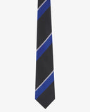 Close-up view of recycled polyester repp tie, showing white and royal blue stripes against a black background.