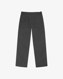 Full-length back view of Uskees 5005 drill workwear pants in charcoal-grey showing belt loops, back pockets (one with flap) and simple silhouette.