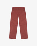 Full-length front view of Uskees drill workwear pants in chestnut-brown. Showing Corozo button fastening and tapered leg fit.