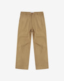 Full-length front view of Uskees twill workwear pants in khaki. Showing Corozo button fastening and tapered leg fit.