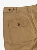 Close up back shot of Uskees 5005 twill workwear pants in khaki with focus on back pocket, adjustable waistband secured with Corozo button and belt loops.