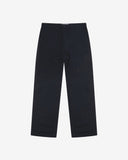 Full-length front view of Uskees twill workwear pants in deep blue. Showing Corozo button fastening and tapered leg fit.