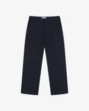 Front flat view of 5016 Uskees men's organic twill midnight blue 'commuter' trousers showing the reinforced inseam and straight leg silhouette.