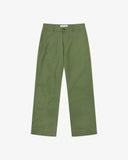 Front flat view of 5021 Uskees men's organic twill coriander-green painter pants with view of YKK zip fly and Corozo buttons.