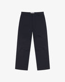 Front flat view of 5021 Uskees men's organic twill midnight blue painter pants with view of YKK zip fly and Corozo buttons.