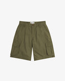 Front view of ivy green 5023 men's ripstop cargo shorts by Uskees. Clear view of belt loops, side pockets and deep cargo pockets.