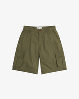 Front view of ivy green 5023 men's ripstop cargo shorts by Uskees. Clear view of belt loops, side pockets and deep cargo pockets.