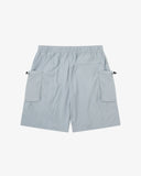 Back view flat shot of Uskees pale blue-grey Technique trekking shorts for men showing back welt pocket and two gusset pockets with elasticated toggles.