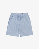 Front flat shot of Uskees blue, gold and white striped shorts for men. Clear view of drawstring, elasticated waist and Uskees branding label.