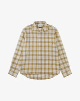 Front flat view of an Uskees sand pebble plaid lumberjack shirt for men showing the oversized fitting.