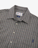 Uskees trafford grey timber leah plaid shirt with a visible Uskees brand label at neck, hanging loop and fabric pattern.