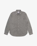 Front flat view of an Uskees trafford grey timber leah plaid shirt for men showing the oversized fitting.