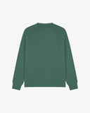 Back view of men's green organic heavyweight cotton 7005 jersey sweatshirt by Uskees, showing ribbed cuffs and hem.