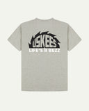 Reverse view of Uskees men's graphic 'life's a buzz' short sleeve Tee for men showing the large graphic buzz saw logo in black and white across the back.