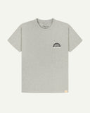 Front flat view of men's graphic t-shirt in grey marl showing a smaller 'life's a buzz' graphic on the left breast and the Uskees branding labels on the neck and hem.