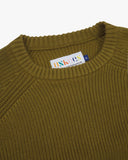 Front close up view of Uskees Woodland Green sweater for men with focus on the ribbed knit, crew neck and brand label.
