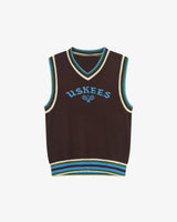 Front flat view of a  brown sleeveless sweater with 'USKEES' branding on the front in blue.