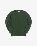 Front view of Uskees moss-green lambswool Harris cardigan.