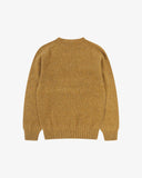 Back flat view of speckled butterscotch, Alderney crew neck jumper in Scottish new wool. Clear view of drop shoulder design Uskees branding label.
