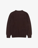 Back flat view of brown speckled walnut, Alderney crew neck jumper in Scottish new wool. Clear view of drop shoulder design Uskees branding label.