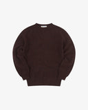 Front flat view of brown speckled walnut, Alderney crew neck jumper in Scottish new wool. Clear view of drop shoulder design Uskees branding label.