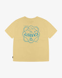 Back flat view of men's pale yellow graphic t-shirt with 'Uskees Ski Club' in blue.