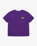 Full flat view of the Uskees purple organic cotton T-shirt for men, showing the brand graphics on the left breast area.