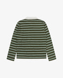 Flat back view of an Uskees green striped men's rugby shirt showing the white collar. 